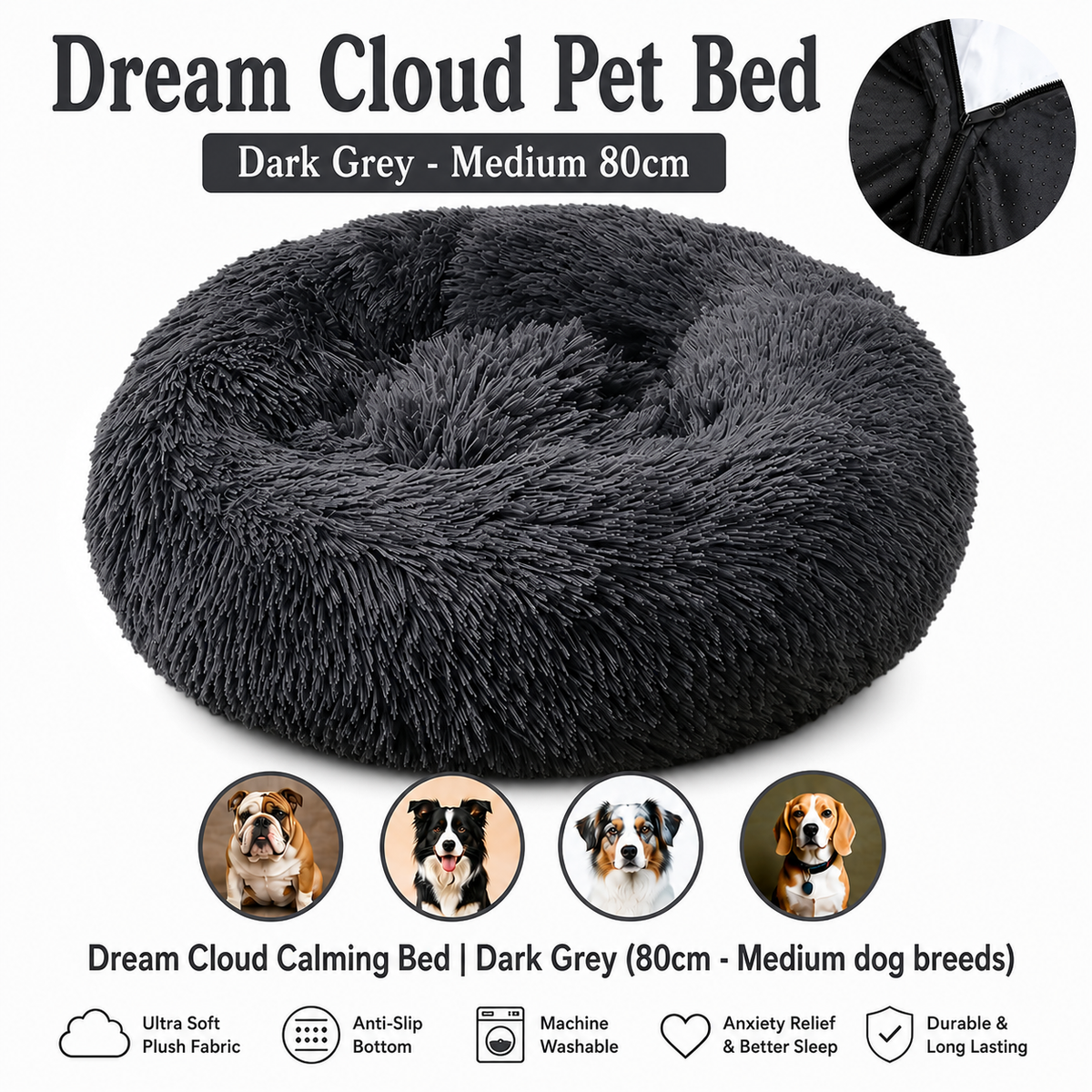 Dream Cloud Calming Bed  Dark| Grey (80cm - Medium dog breeds)