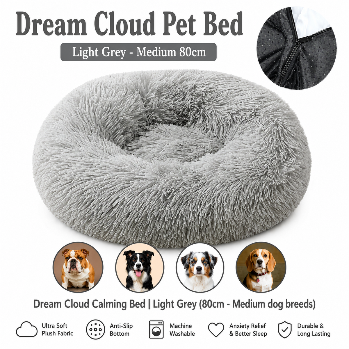 Dream Cloud Calming Bed | Light Grey (80cm - Medium dog breeds)