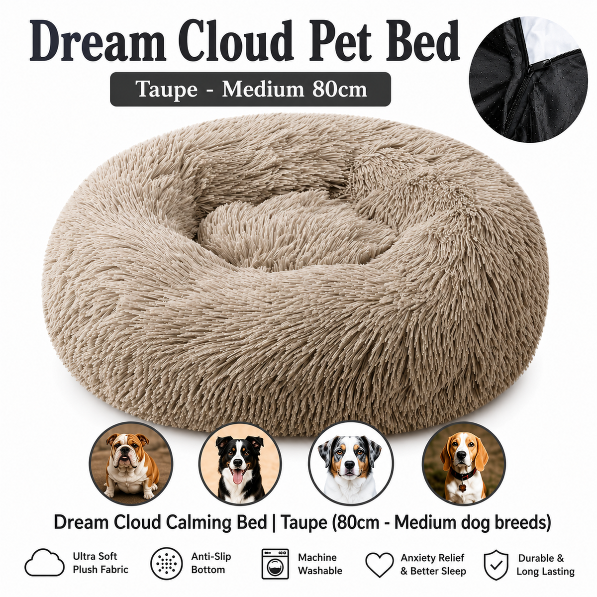 Dream Cloud Calming Bed | Taupe (80cm - Medium dog breeds)